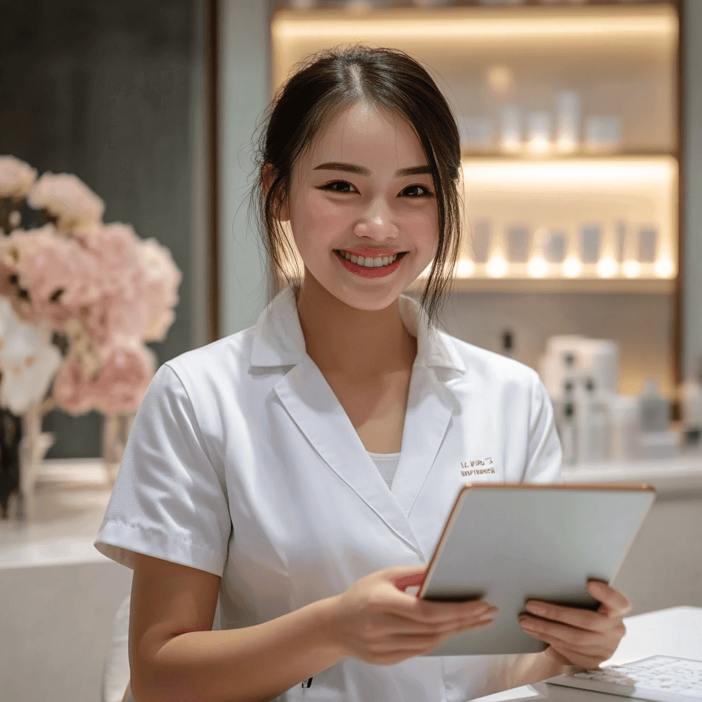 Smiling woman in white coat holding a tablet in a modern office with flowers in the background.