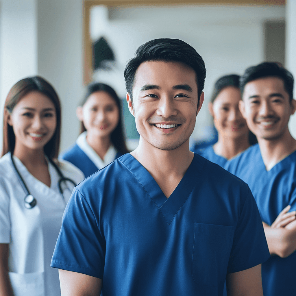 Smiling healthcare professionals in scrubs standing together, blurred background.